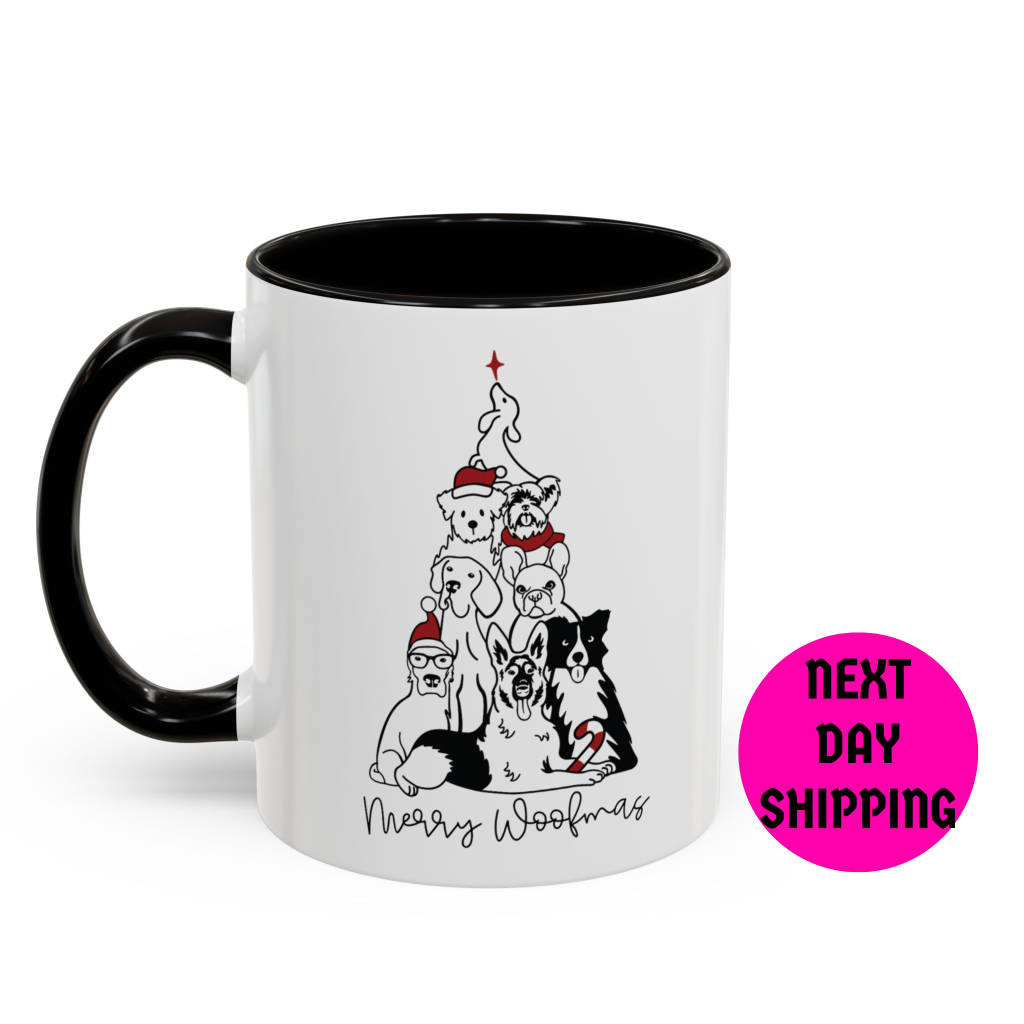 White mug with black handle featuring a Christmas tree design of dogs and 'Merry Woofmas' text, with a pink circle indicating next day shipping.