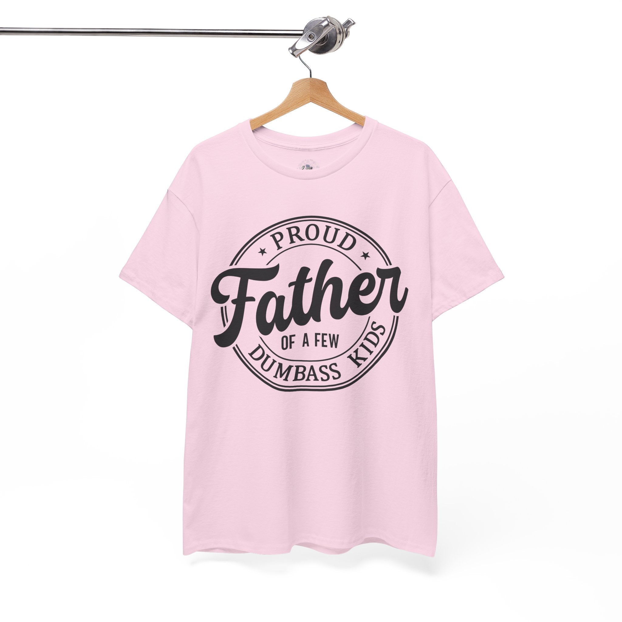 Pink t-shirt with black text on a hanger against a white background