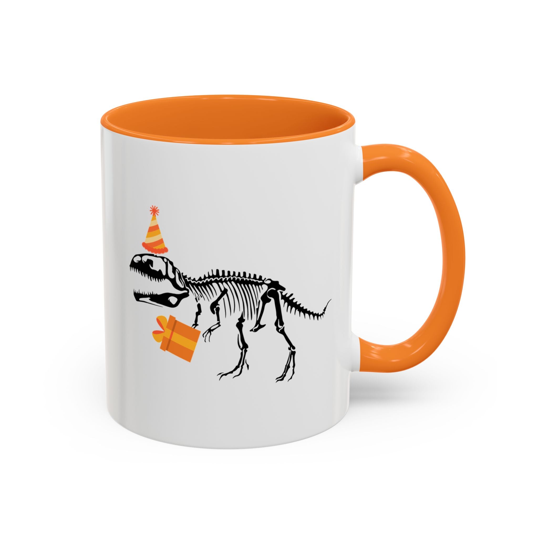White mug with orange interior and handle featuring a dinosaur skeleton design.