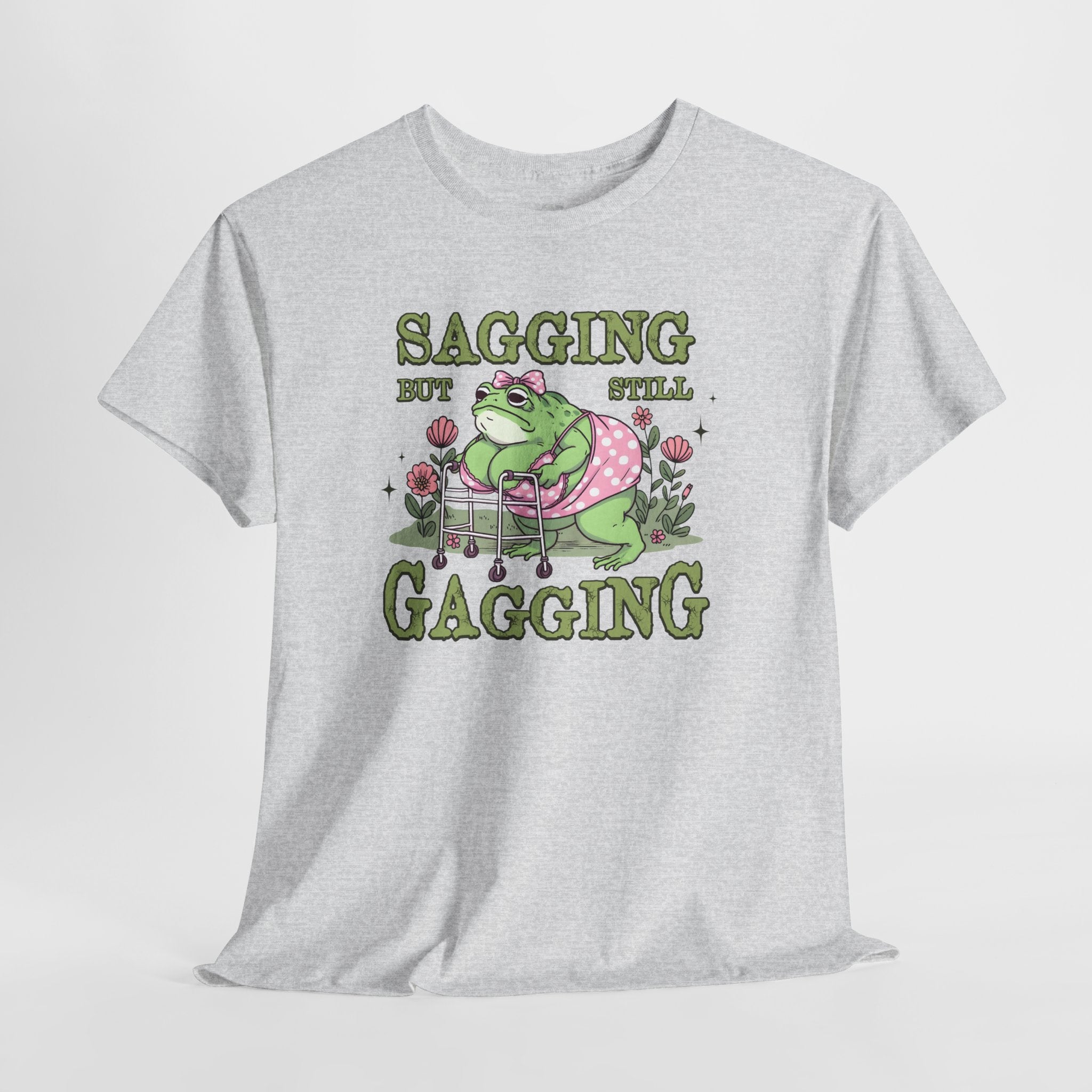 Gray t-shirt with a frog graphic and text on a white background