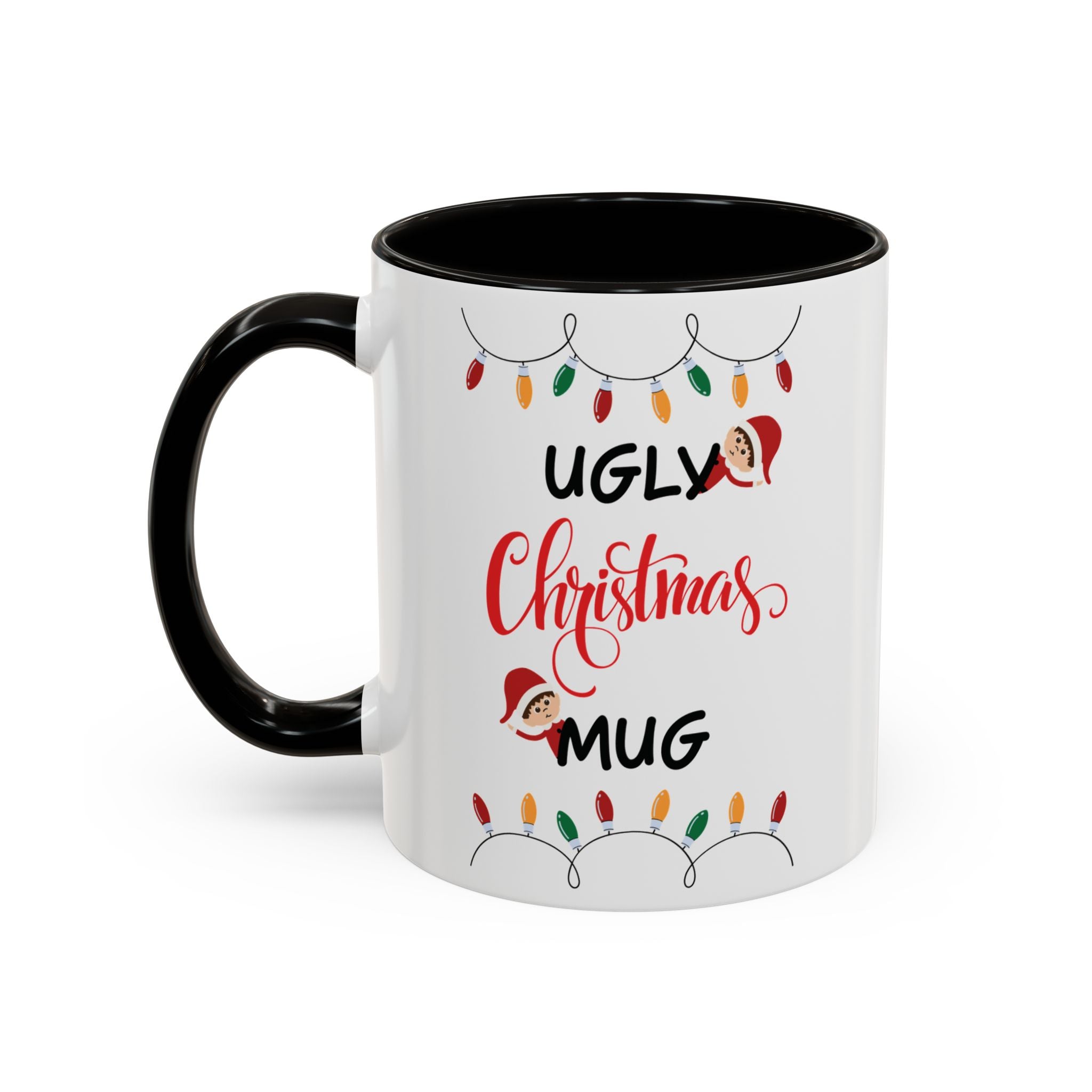 White mug with black handle featuring Christmas-themed text and decorations on a white background