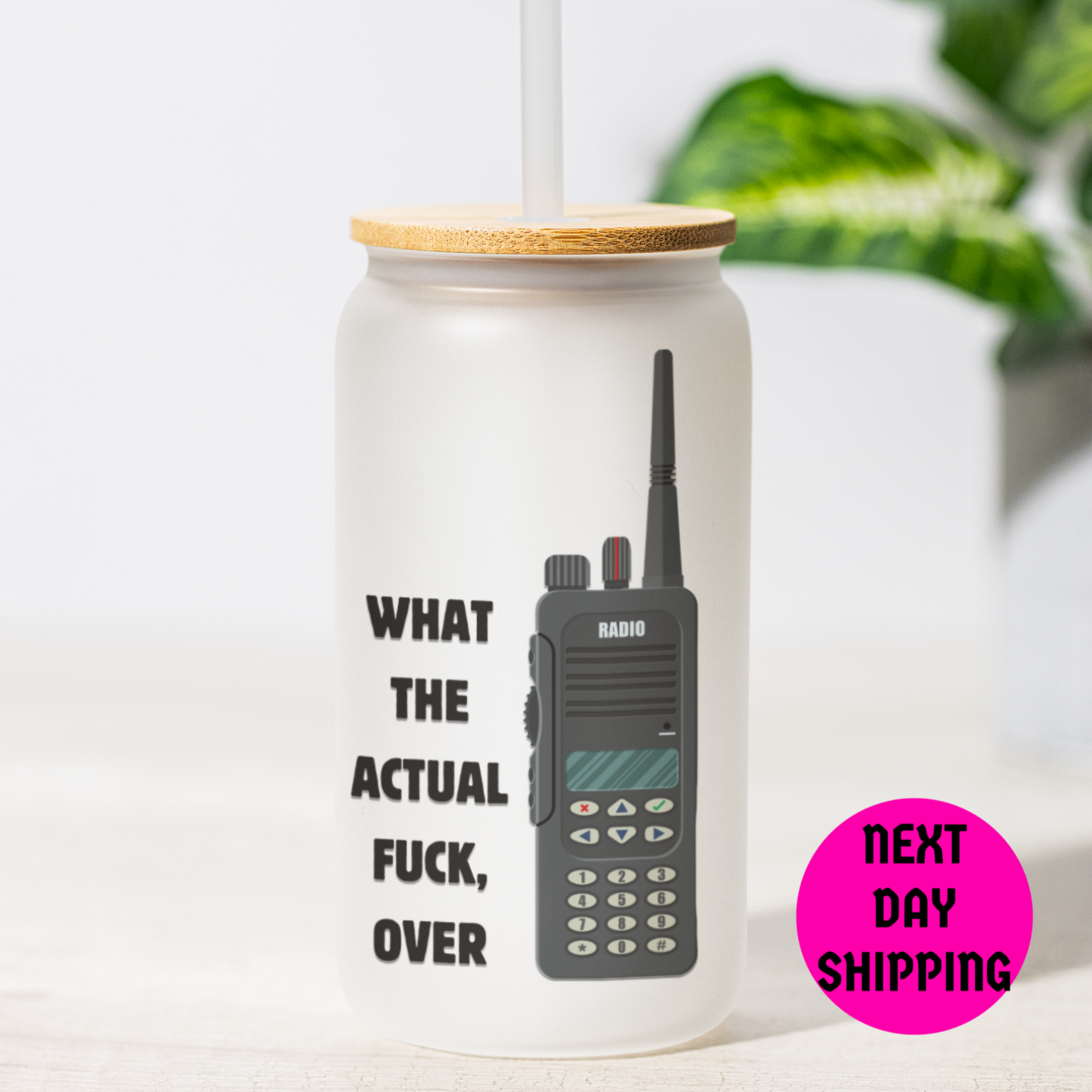 Tumbler with What The Actual Fuck Over text in a casual setting