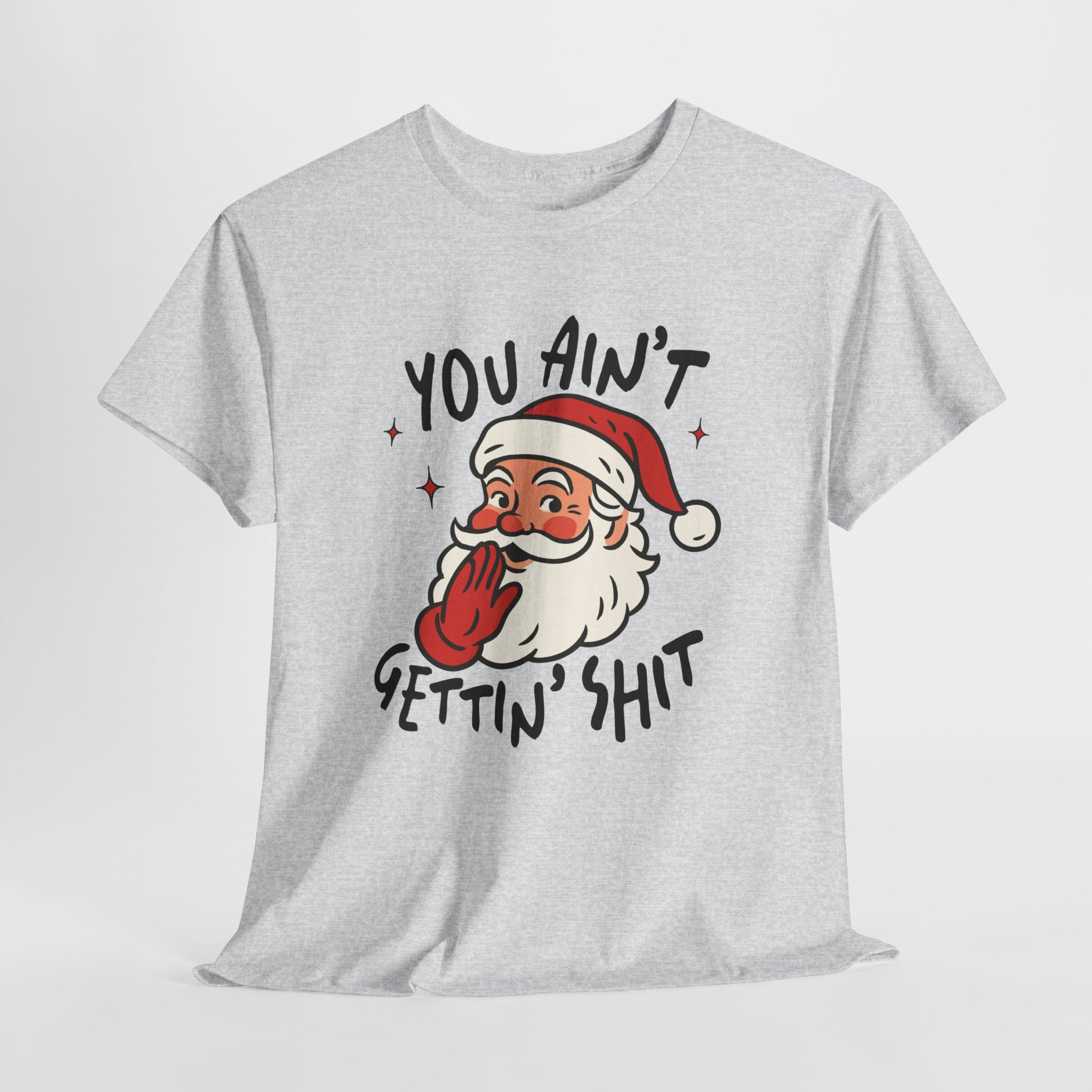 Gray t-shirt with a graphic of Santa Claus and text on a white background