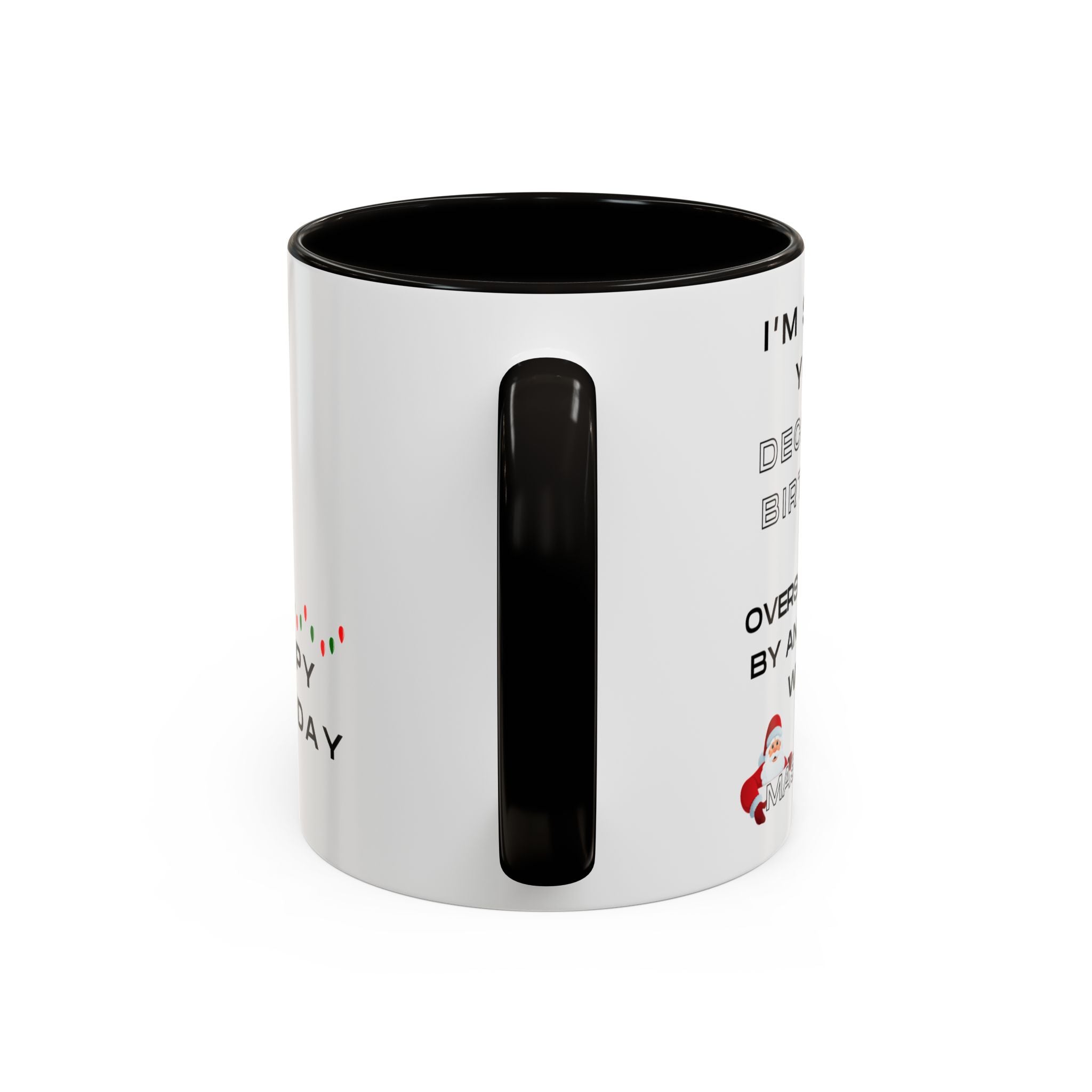 White mug with black interior and handle, featuring text and graphics on a white background