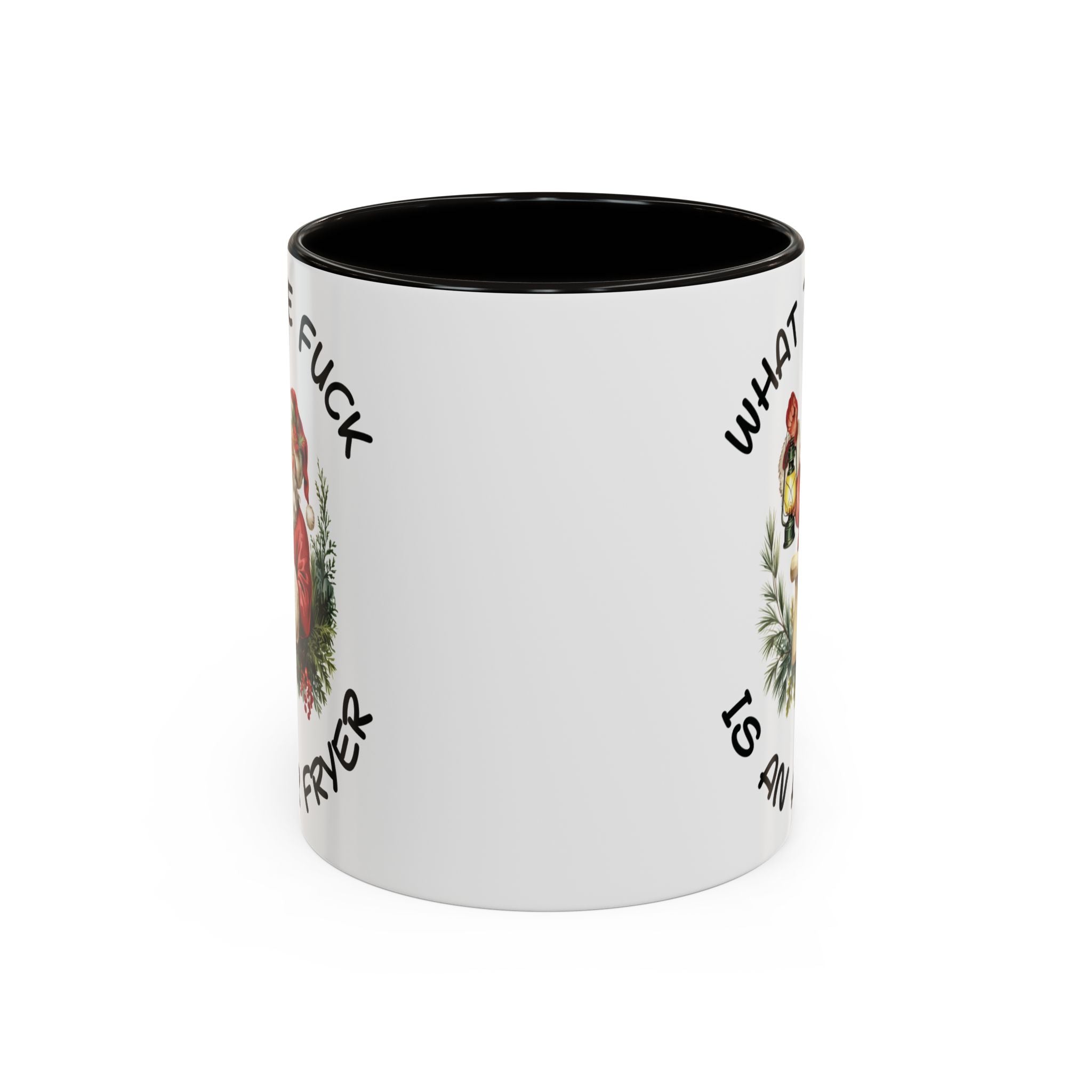 White mug with black interior and handle, featuring graphic designs and text on a white background.