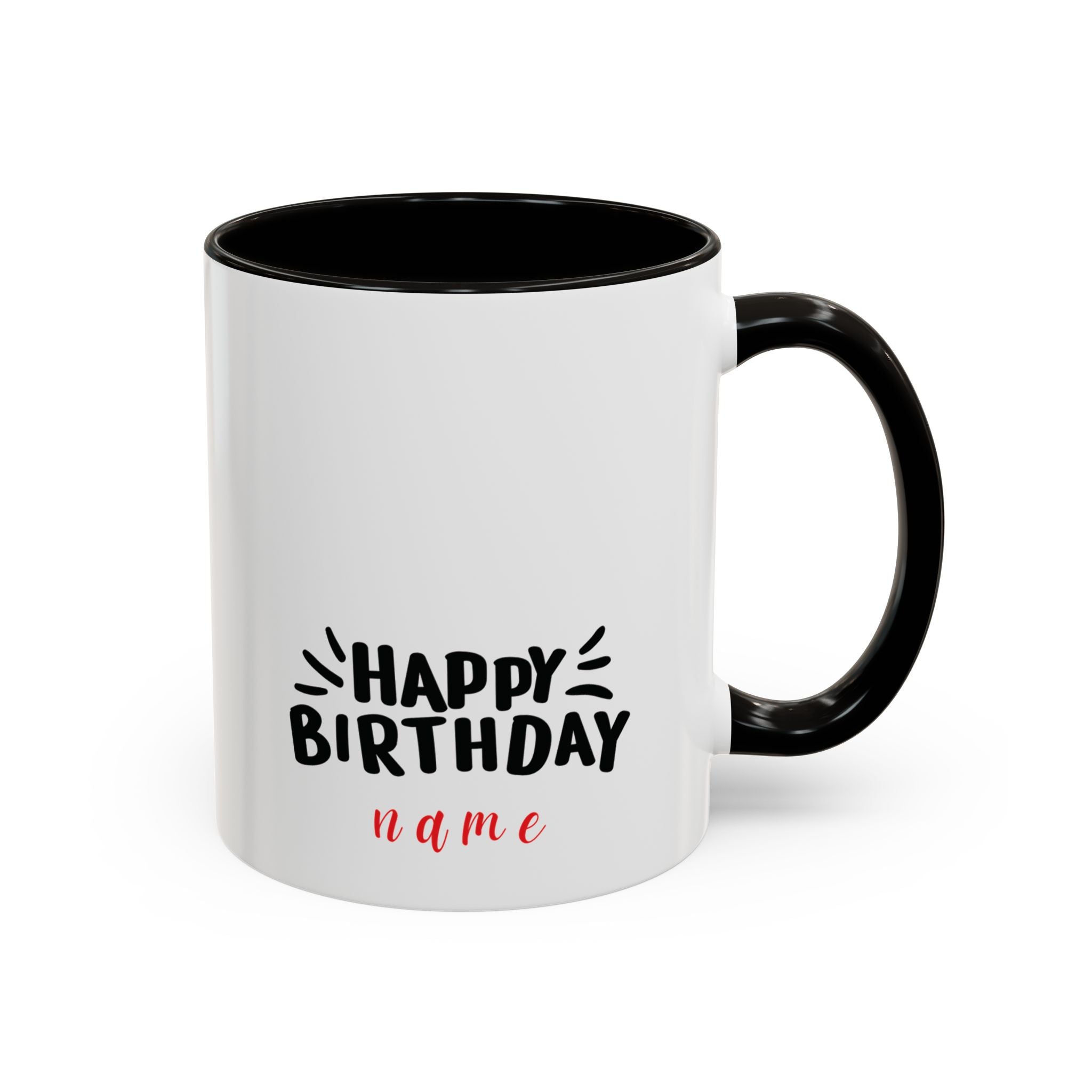 White mug with black interior and handle, featuring 'Happy Birthday' text on a white background