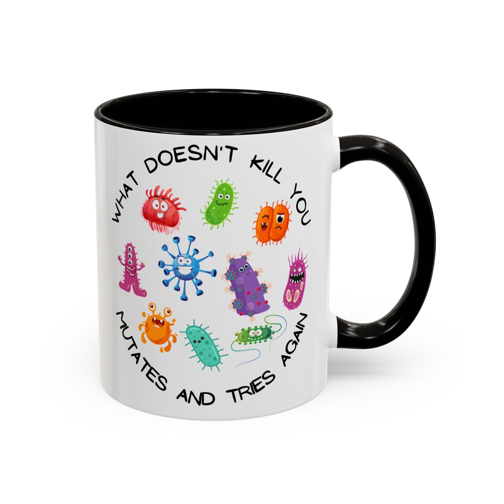 black and white mug with funny bacteria on it